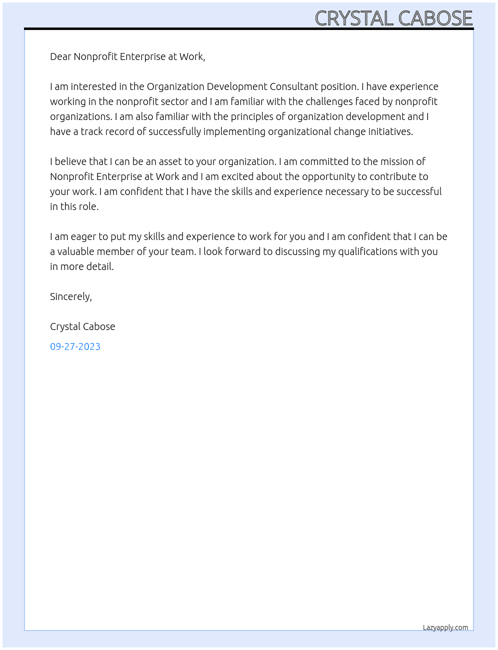 Organization Development Consultant At Nonprofit Enterprise at Work Cover Letter
