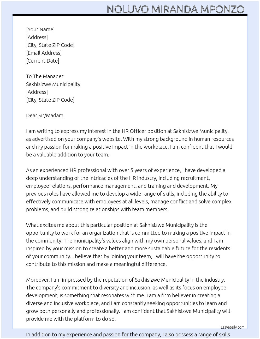 HR Officer  At Sakhisizwe Municipality  Cover Letter