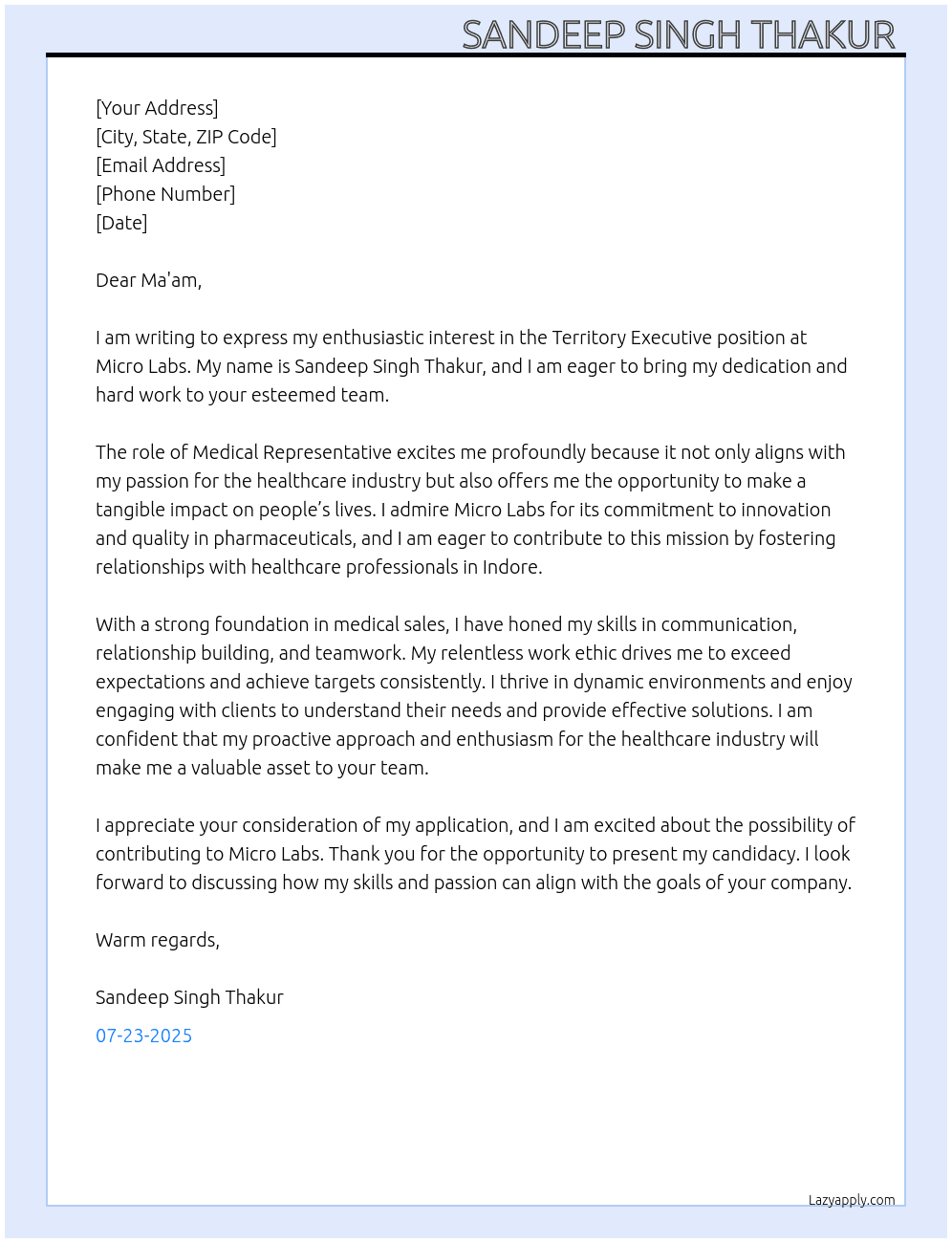 Territory executive  At Micro labs Cover Letter