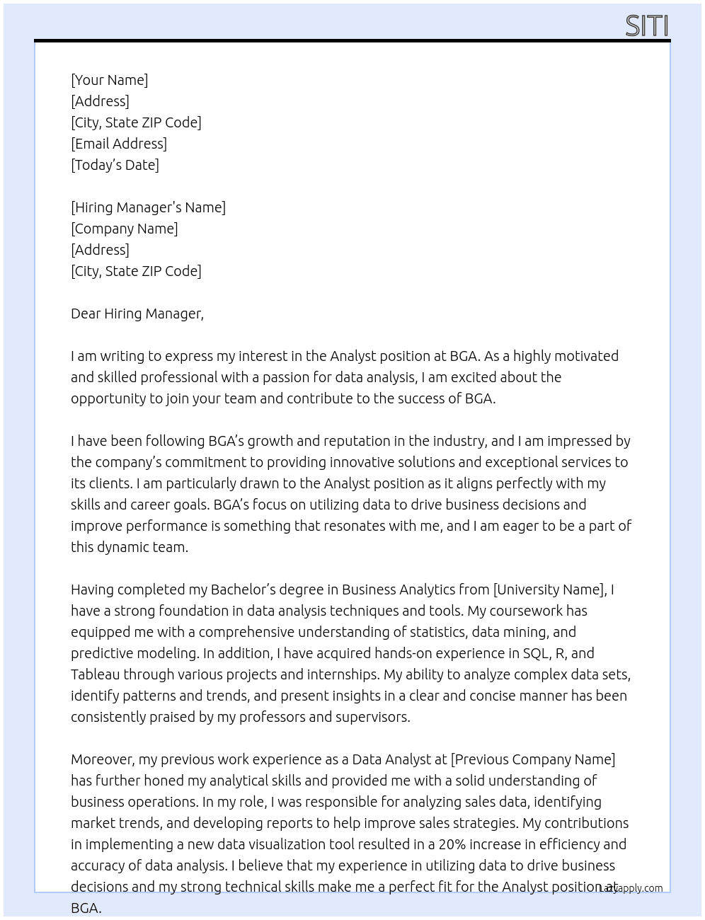 Analyst At BGA Cover Letter