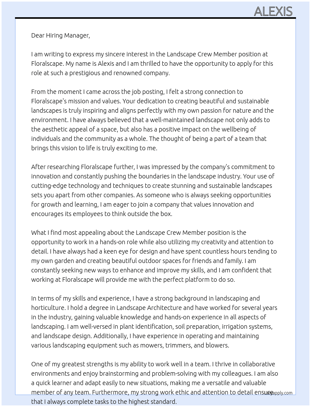 Landscape Crew Member  At Floralscape Cover Letter