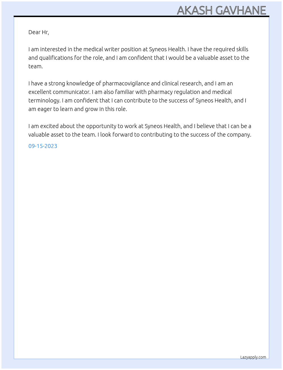Medical writer  At Syneos health  Cover Letter