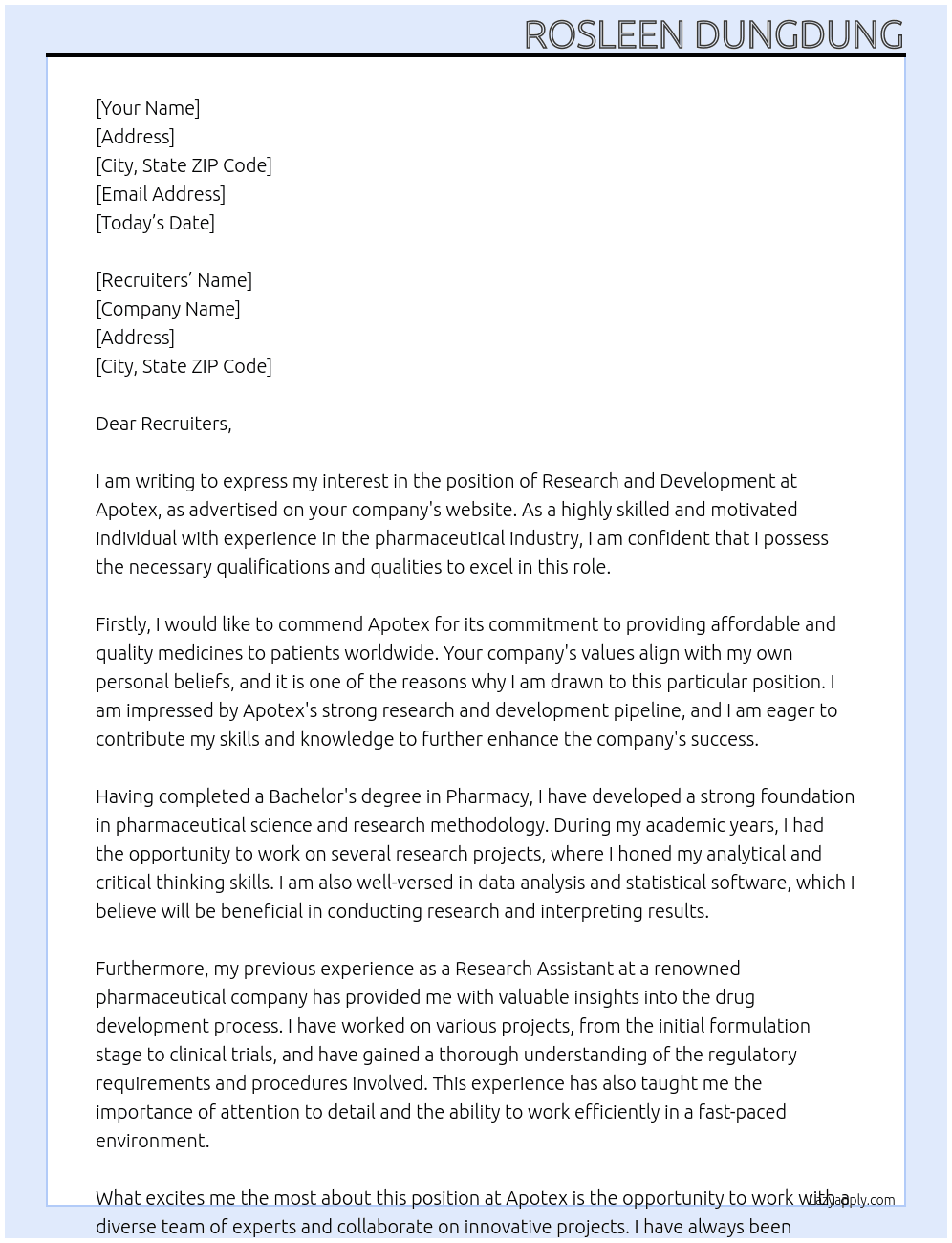 research and development At Apotex Cover Letter