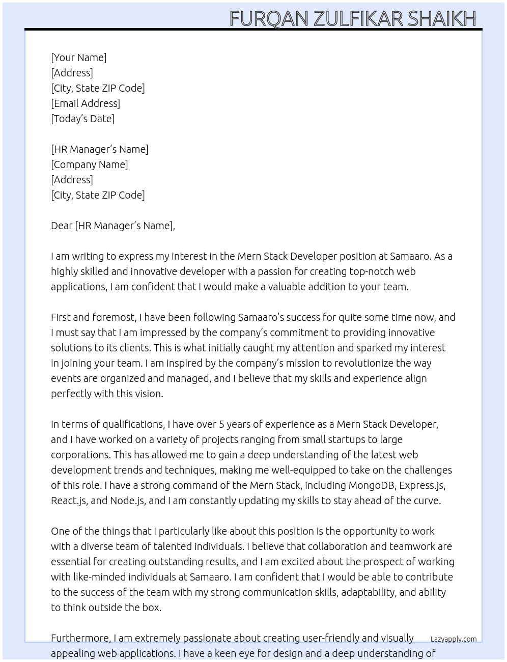 Mern Stack Developer  At Samaaro Cover Letter