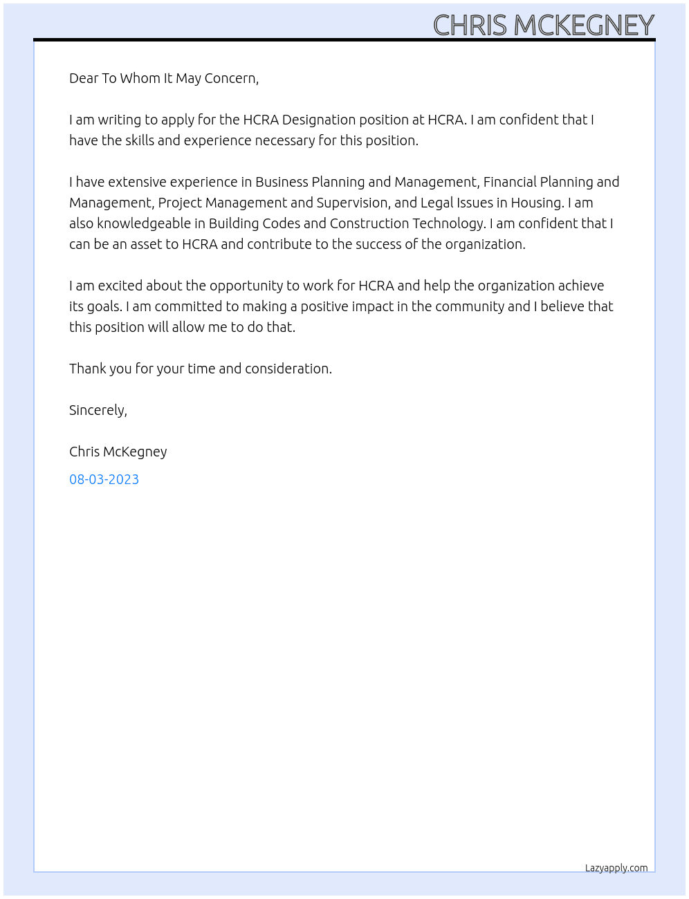 HCRA Designation At HCRA Cover Letter