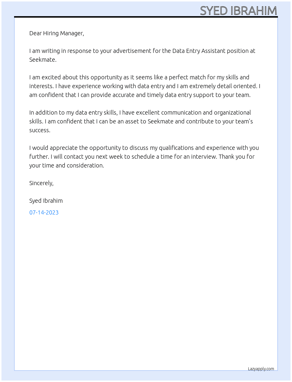 Data Entry Assistant At Seekmate Cover Letter