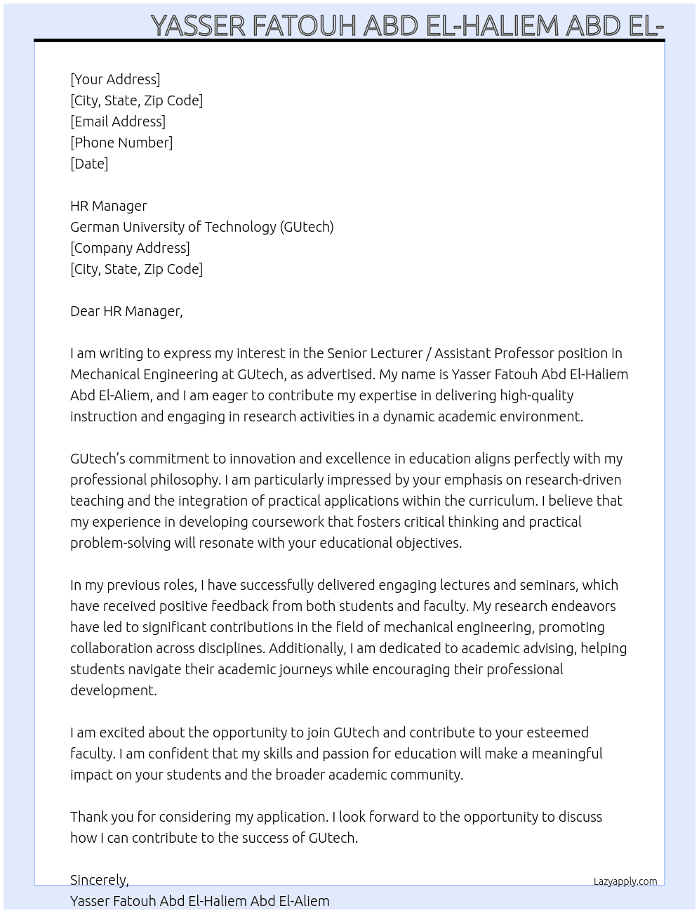 Cover letter for a senior lecturer / assistant professor  in mechanical engineering - LazyApply