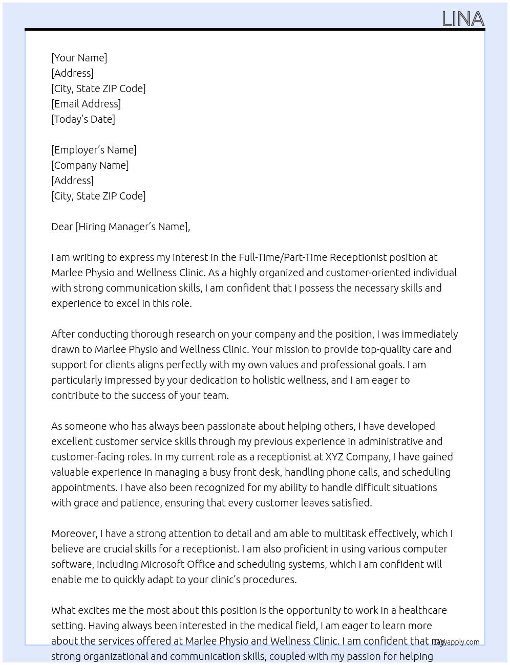 Full Time-Part Time Receptionist At Marlee Physio and Wellness Clinic Cover Letter