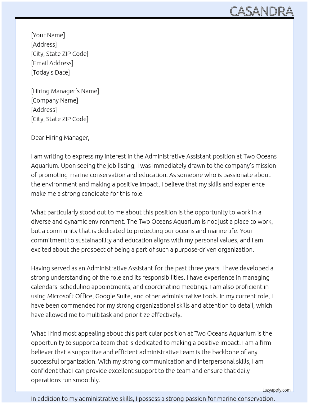 Administrative Assistant At Two Oceans Aquarium Cover Letter