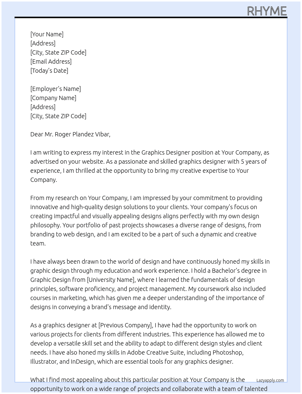 Graphics designer At Your company  Cover Letter