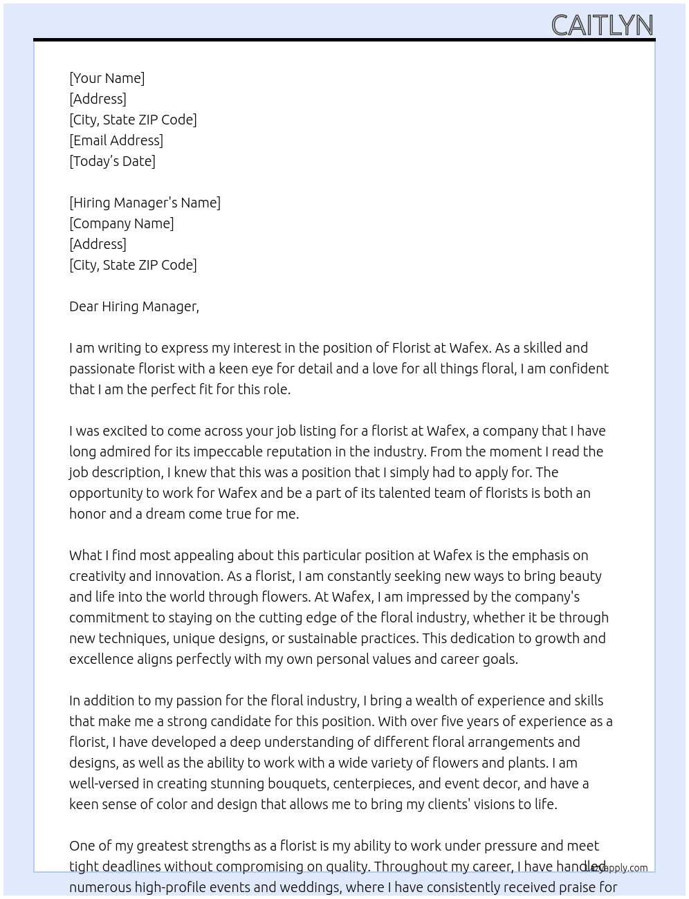 florist At Wafex Cover Letter