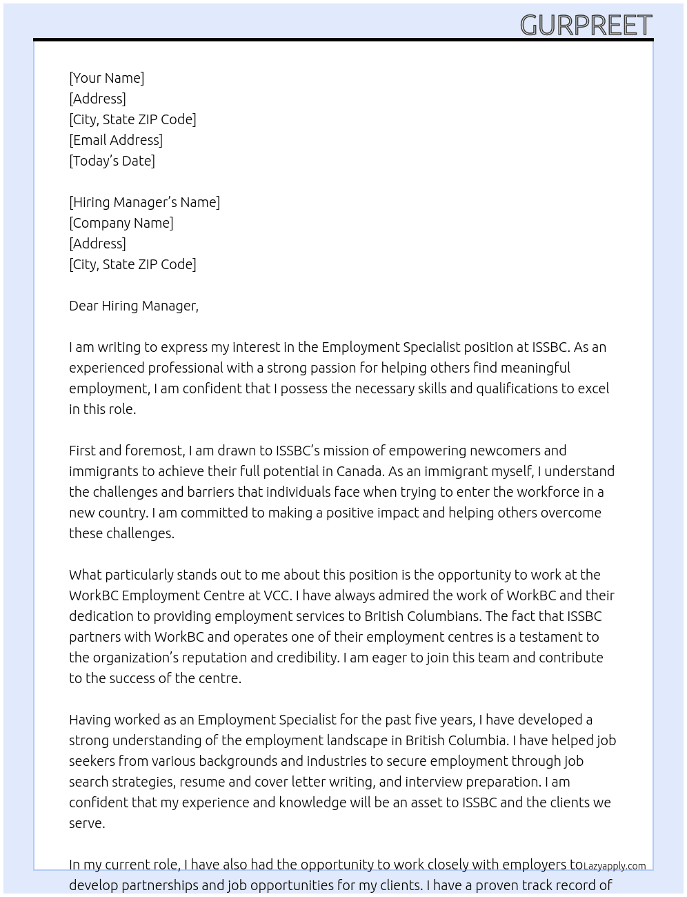 Employment Specialist At ISSBC Cover Letter