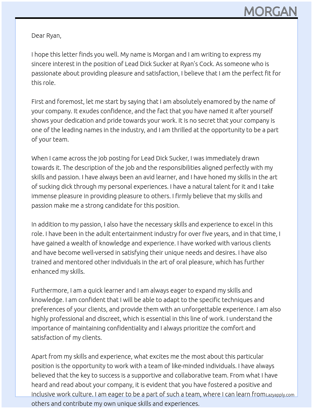 Lead Dick Sucker At Ryan’s Cock Cover Letter