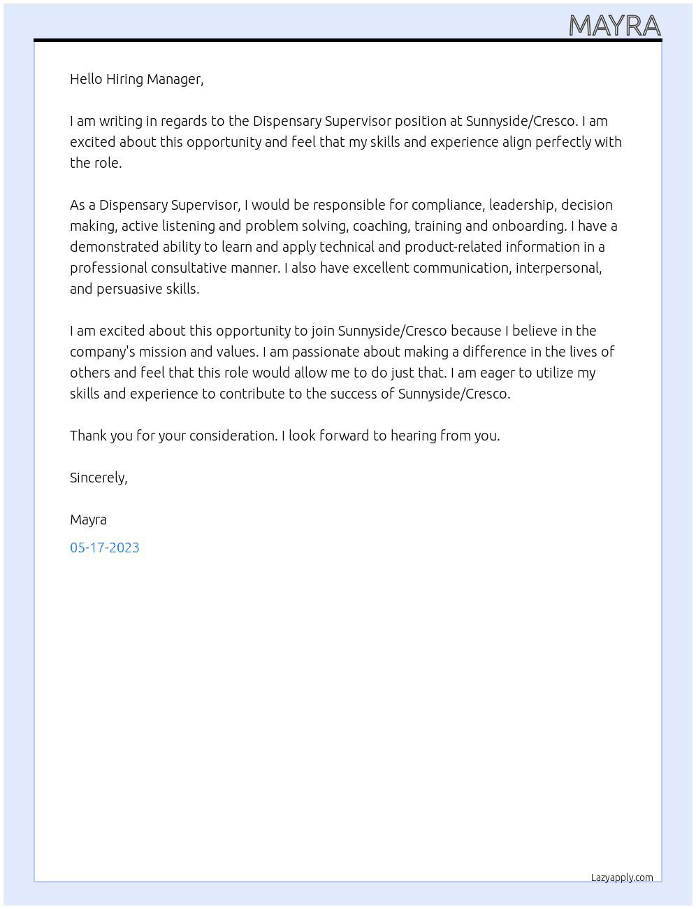Dispensary Supervisor At Sunnyside/Cresco  Cover Letter