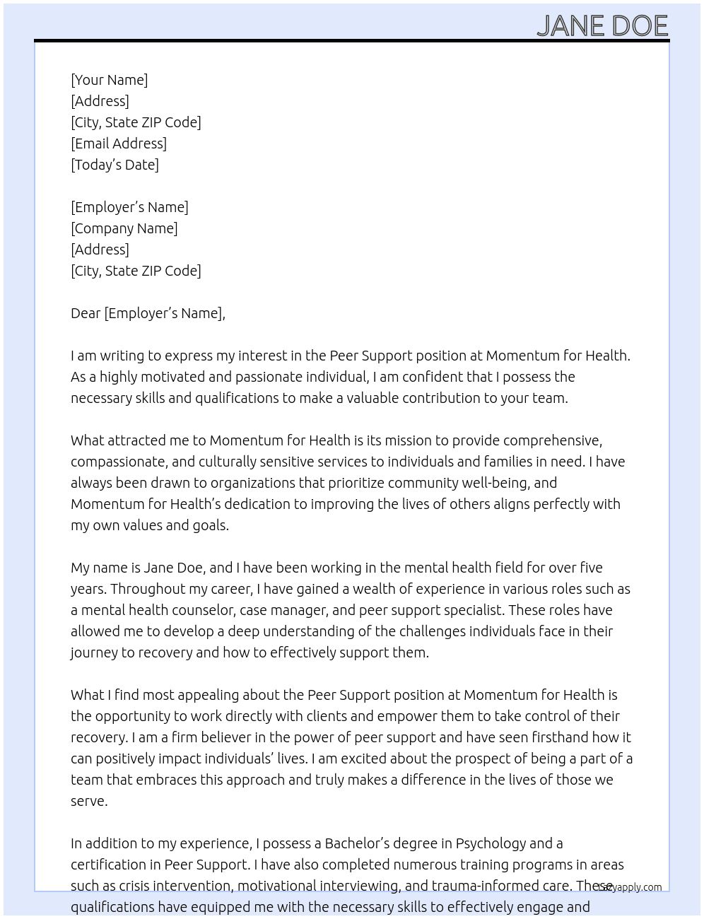 Peer Support  At Momentum for Health Cover Letter