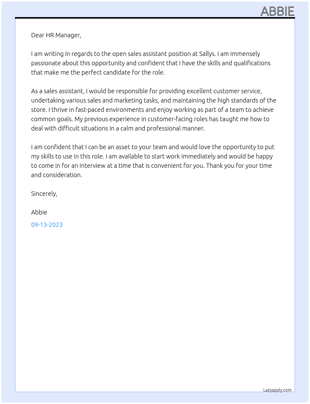 sales assistant At Sallys Cover Letter