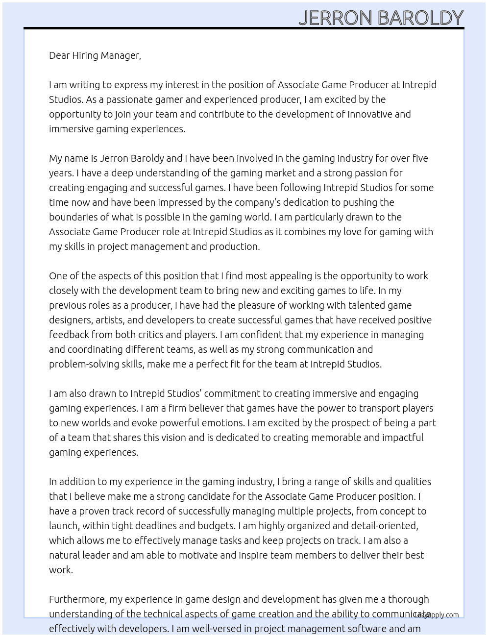 Associate Game Producer At Intrepid Studios Cover Letter