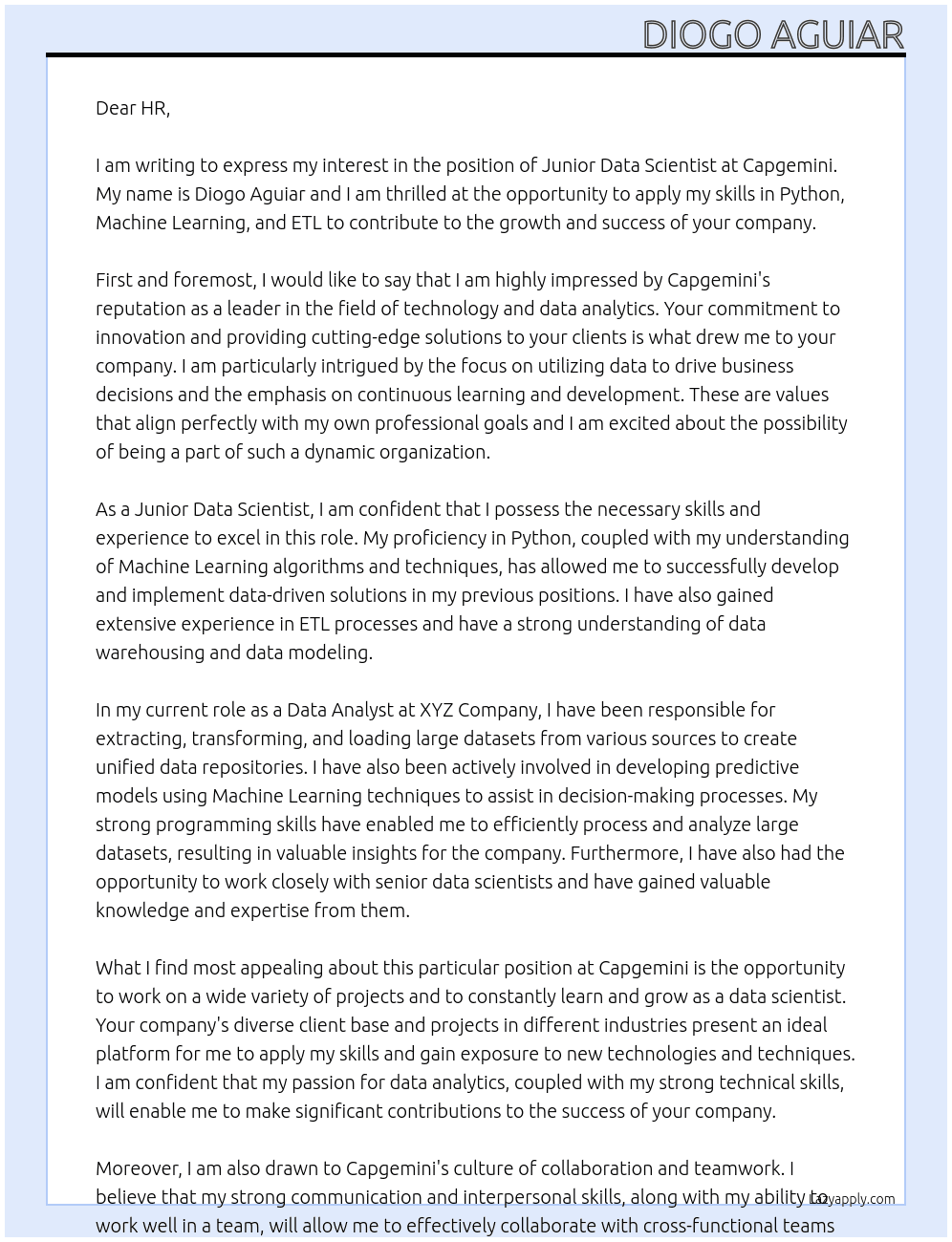 Junior Data Scientist At Capgemini Cover Letter