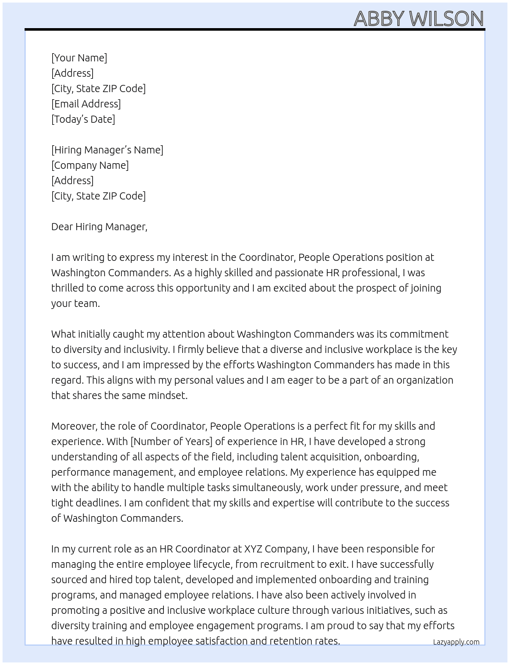 Coordinator, People Operations At Washington Commanders Cover Letter