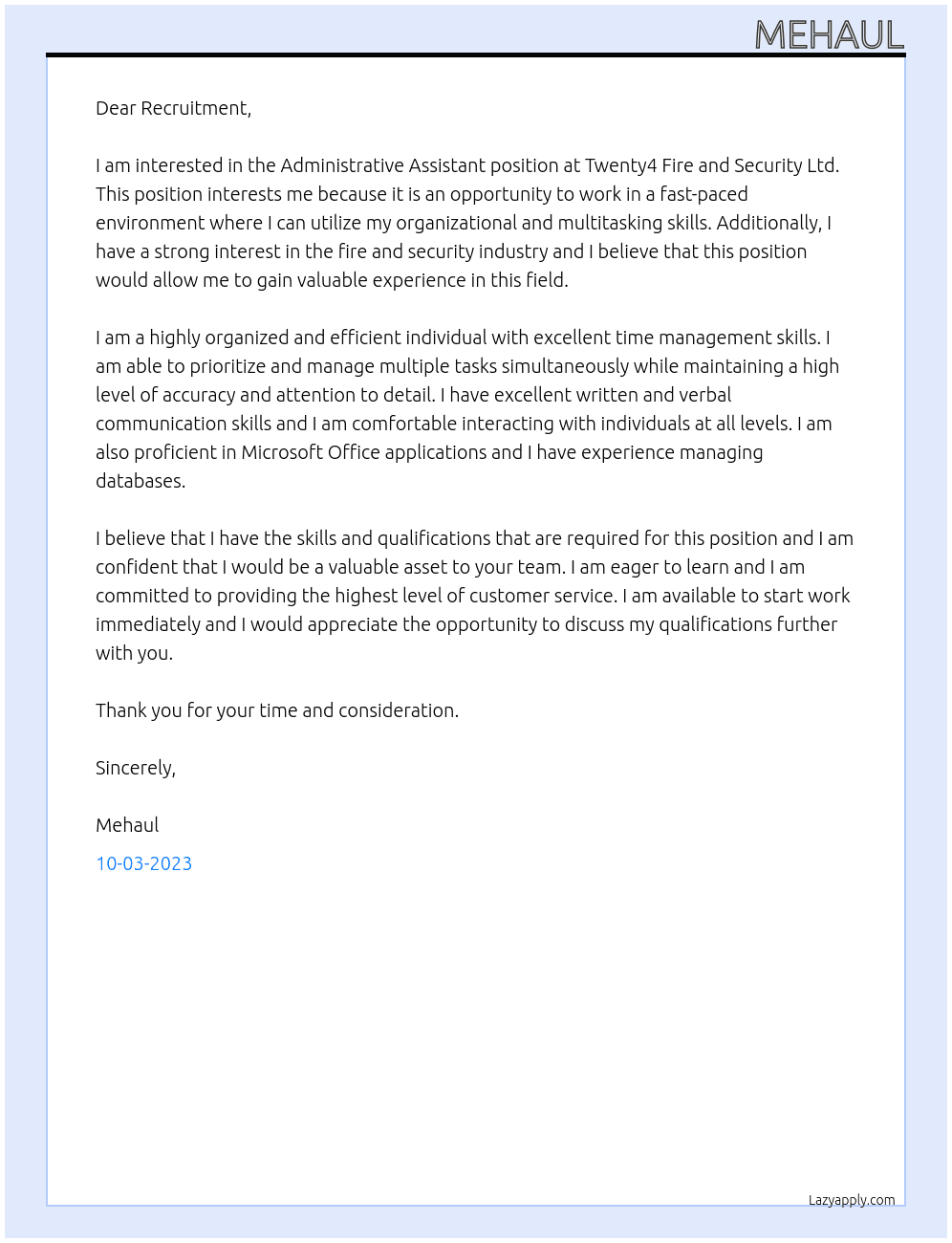 Administrative Assistant At Twenty4 Fire and Security Ltd Cover Letter
