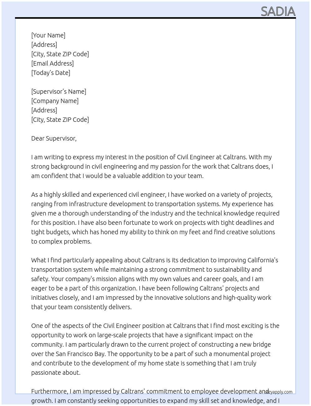 civil engineer At Caltrans Cover Letter