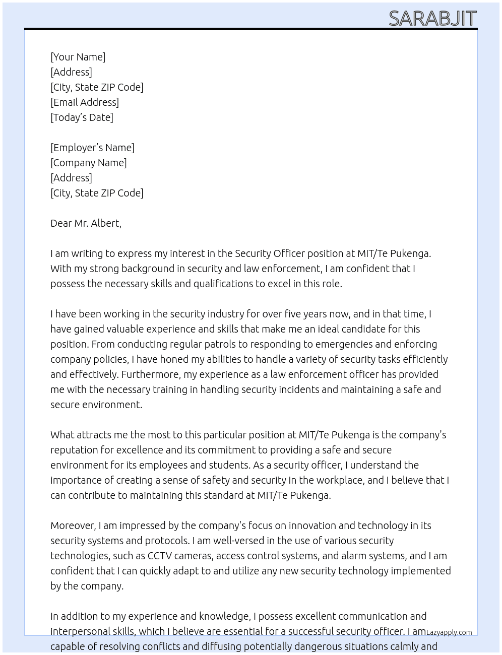security officer  At MIT/Te Pukenga Cover Letter