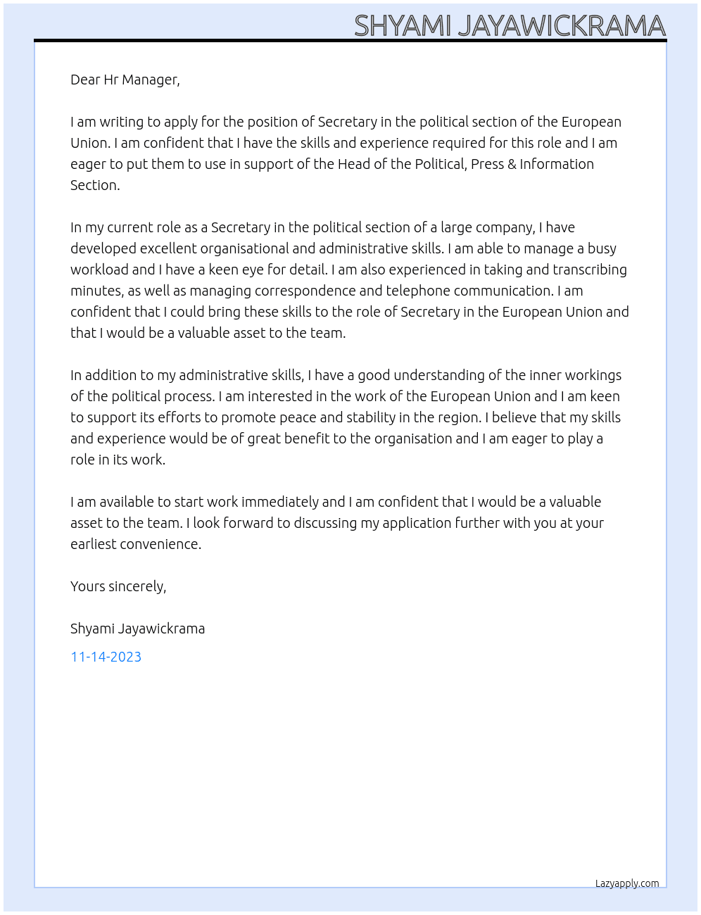 Secretary in political At European Union Cover Letter