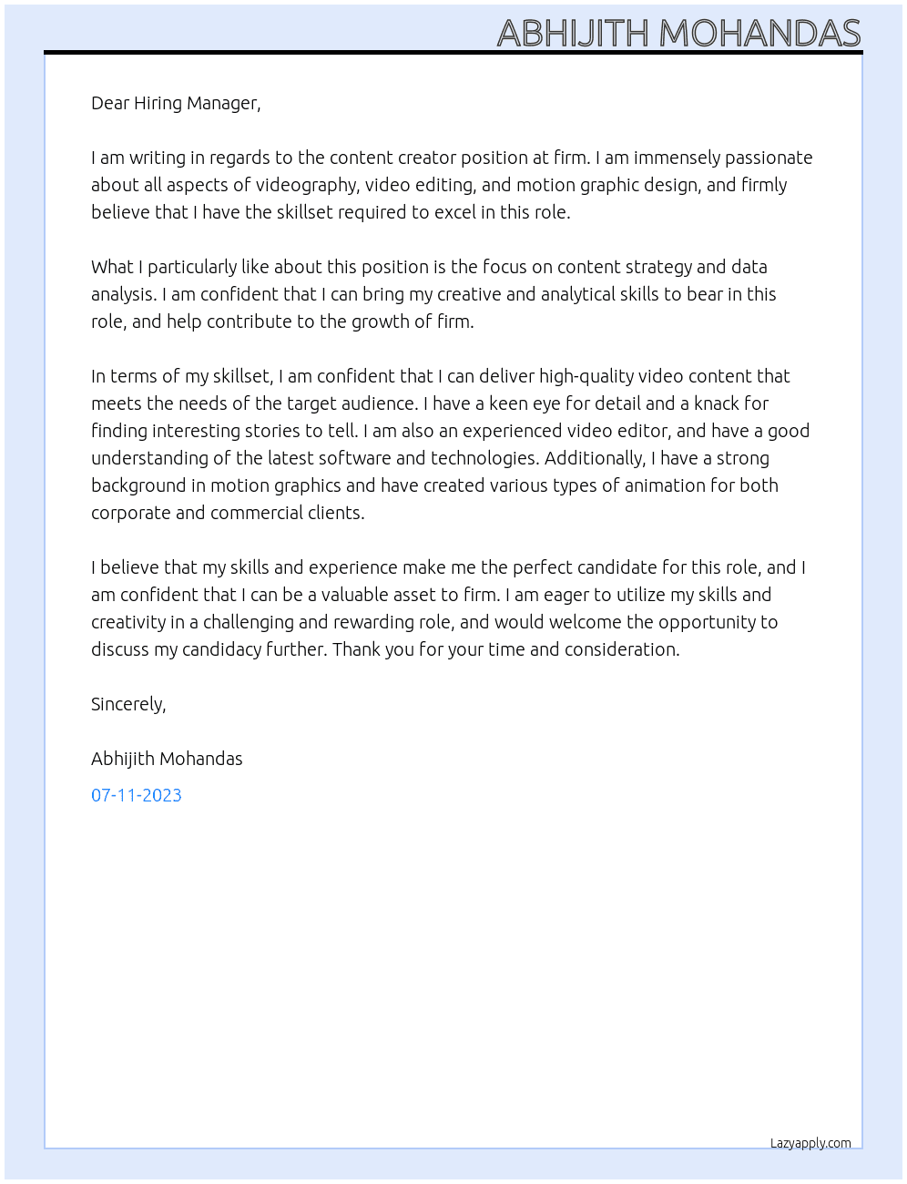 Content Creator At firm Cover Letter