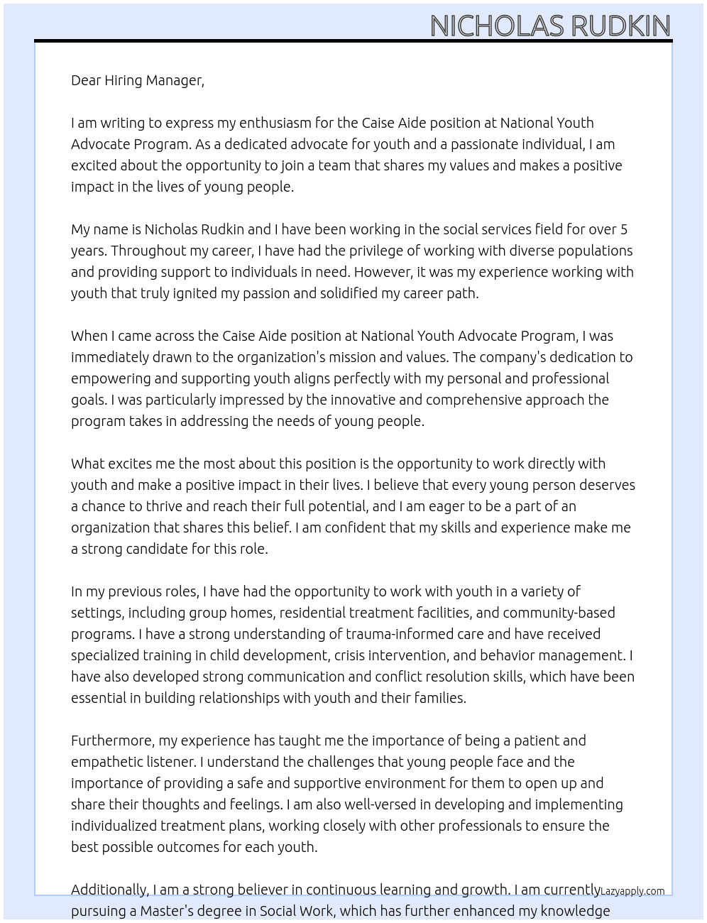 caise aide At National Youth Advocate Program Cover Letter