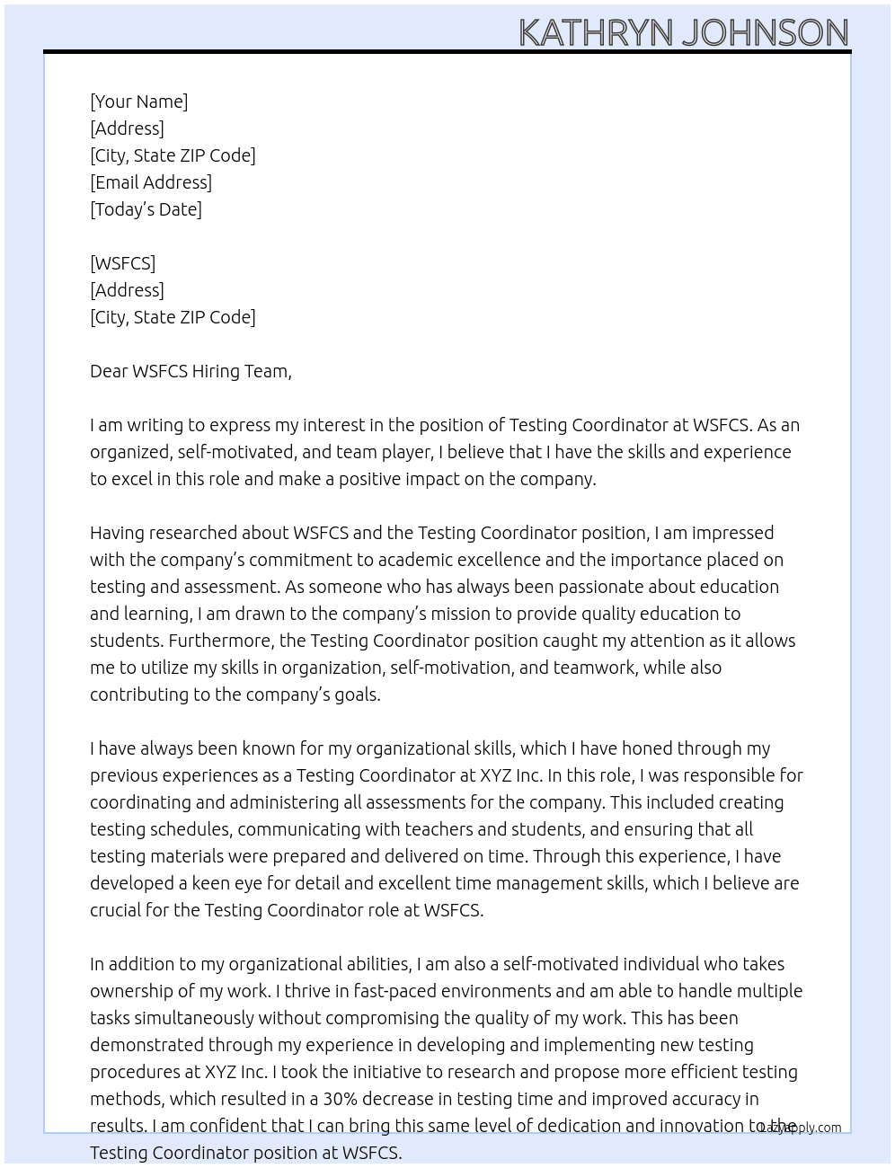 Testing Coordinator At WSFCS Cover Letter