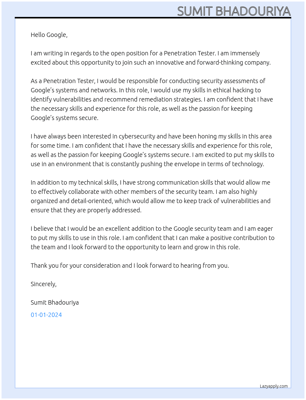 penetration tester At google Cover Letter