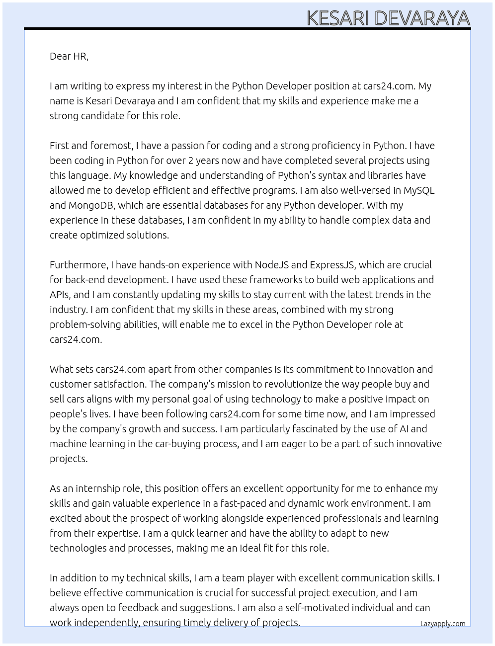 python devoloper At cars24.com Cover Letter
