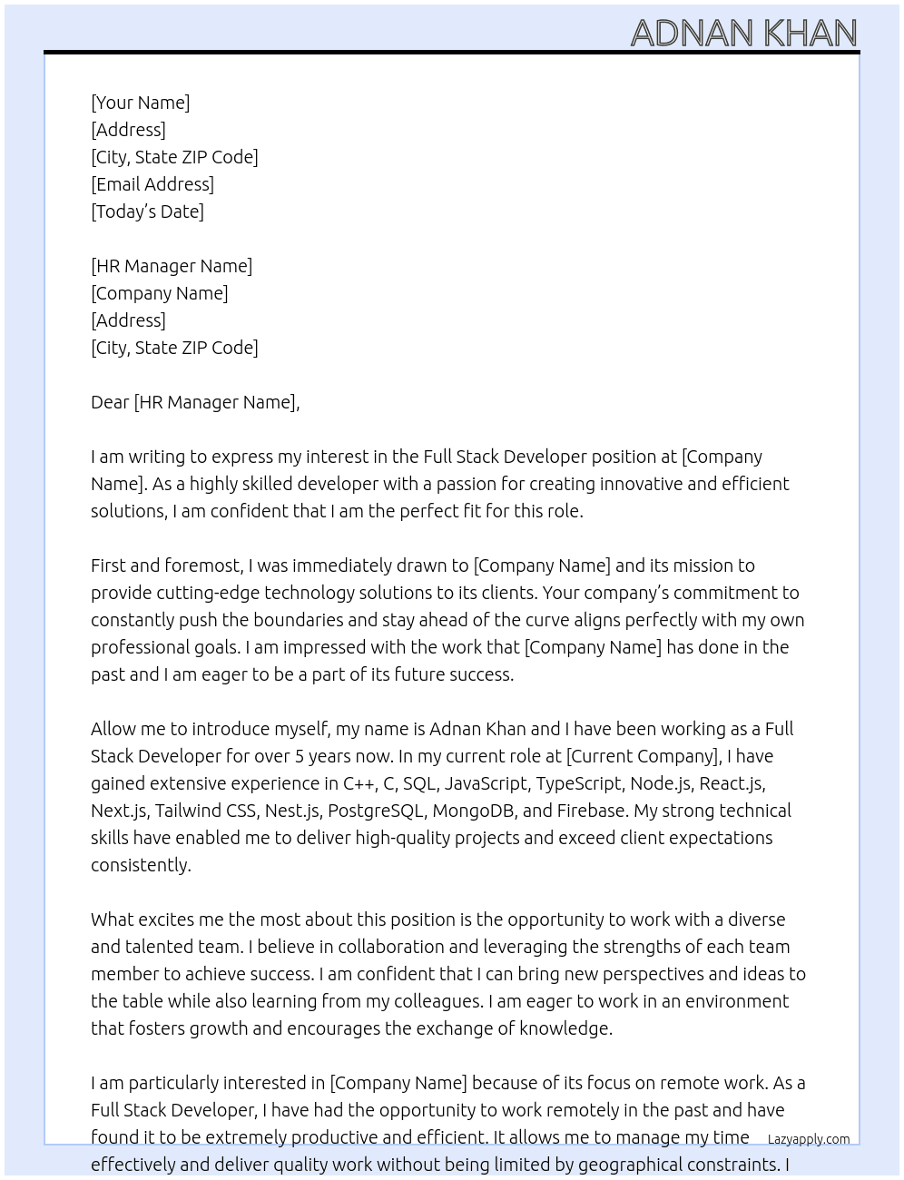 Full stack developer At Acowale Cover Letter