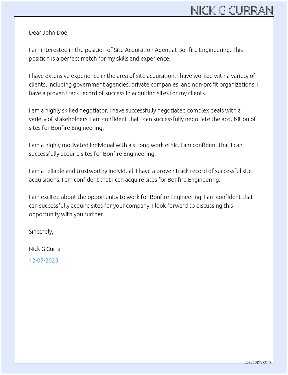 Site Acquisition Agent At Bonfire Engineering  Cover Letter