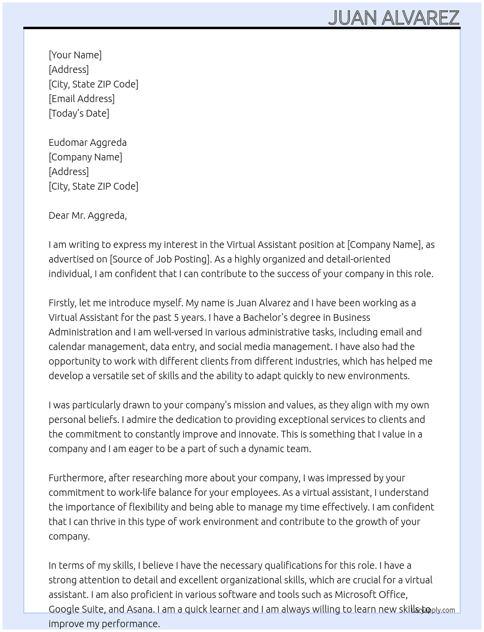virtual assistant At eudomar Cover Letter