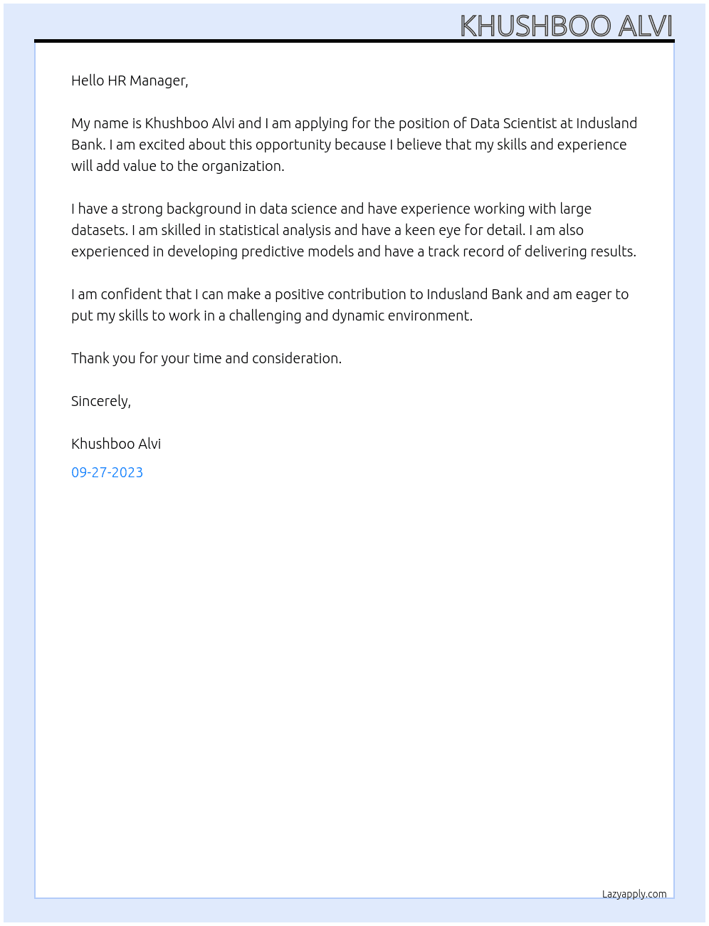 Data Scientist  At Indusland Bank  Cover Letter