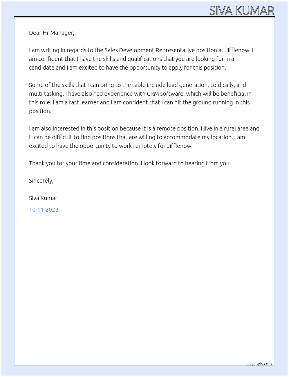 Sales Development Representative At Jifflenow Cover Letter
