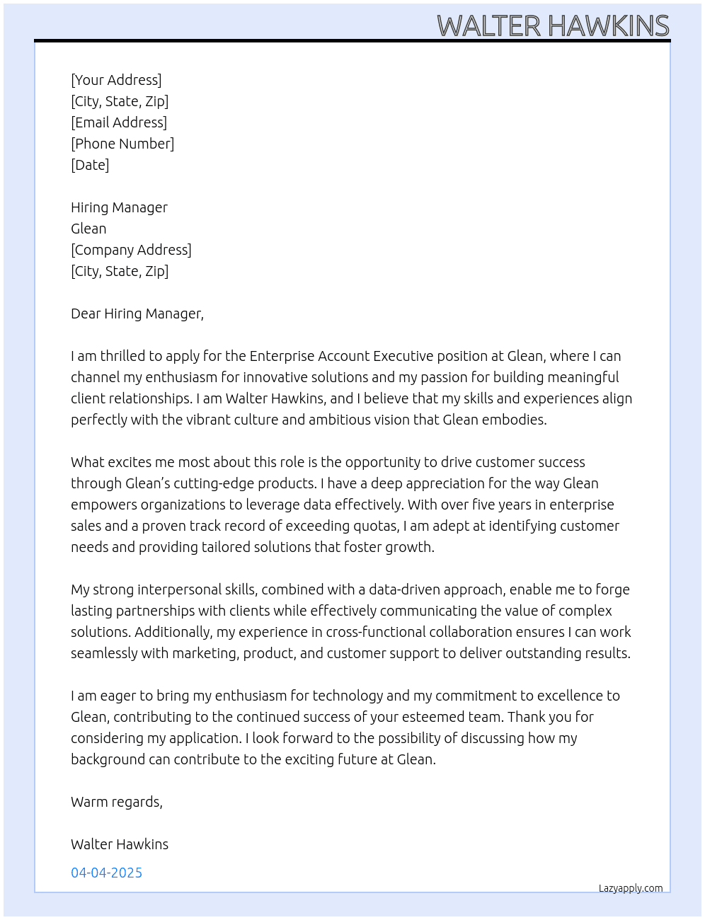 Enterprise Account Executive At Glean Cover Letter