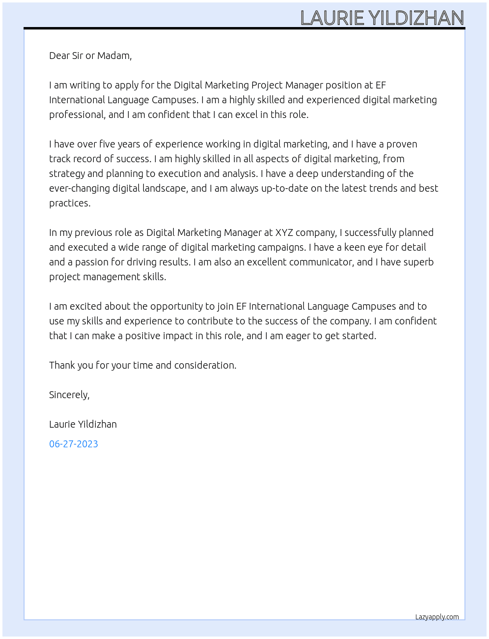 Digital Marketing Project Manager At EF International Language Campuses Cover Letter