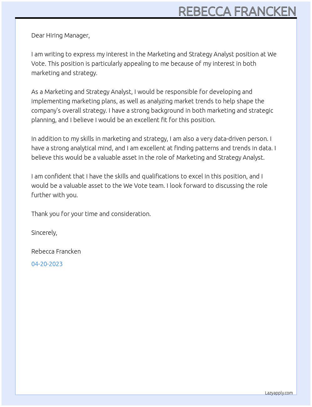 Marketing and Strategy Analyst At We Vote Cover Letter
