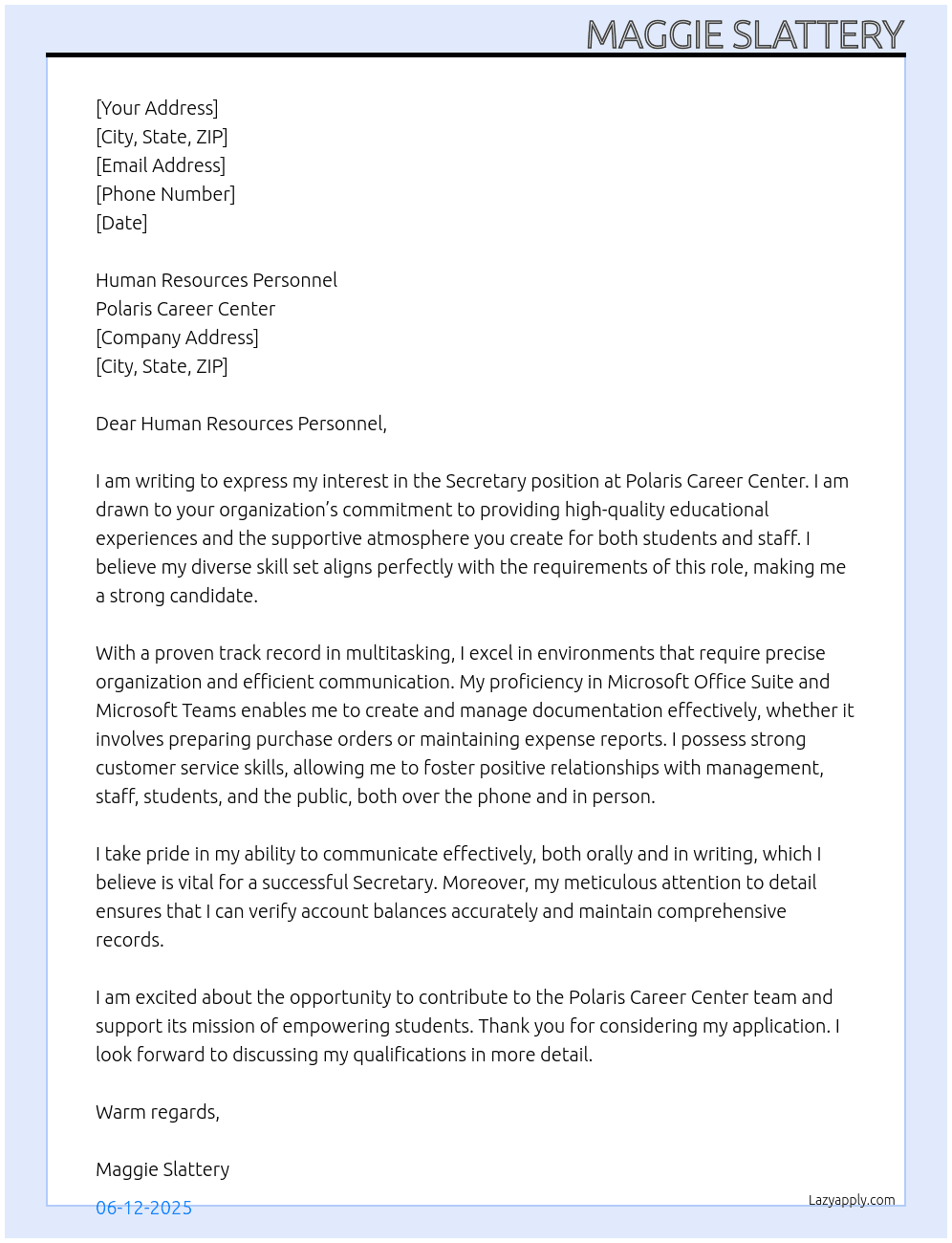Secretary At Polaris Career Center Cover Letter