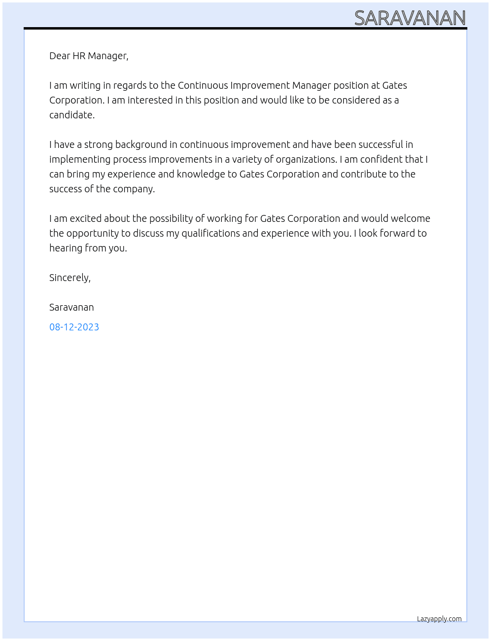 Continuous Improvement Manager At Gates Corporation Cover Letter