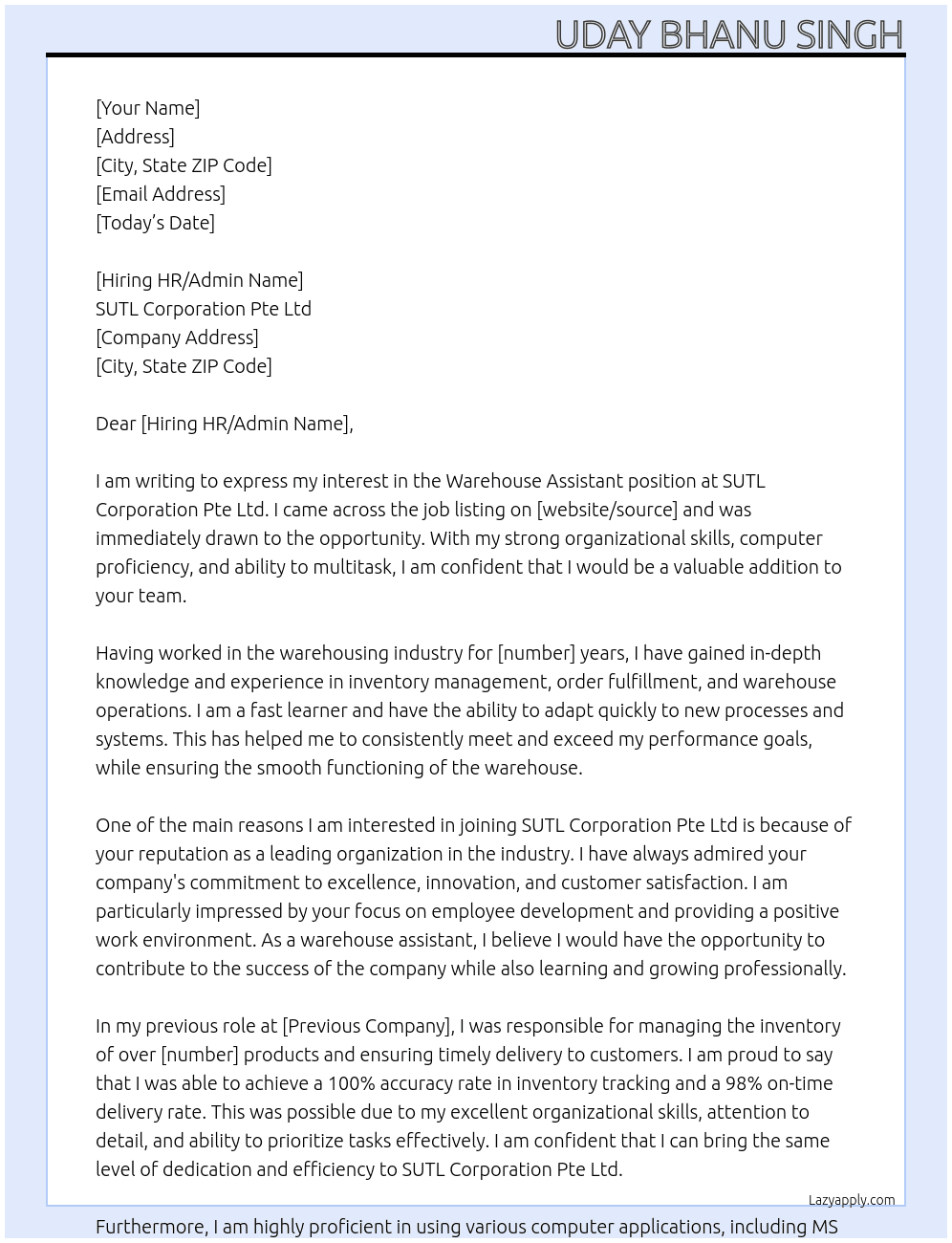 Warehouse Assistant At SUTL Corporation Pte Ltd Cover Letter