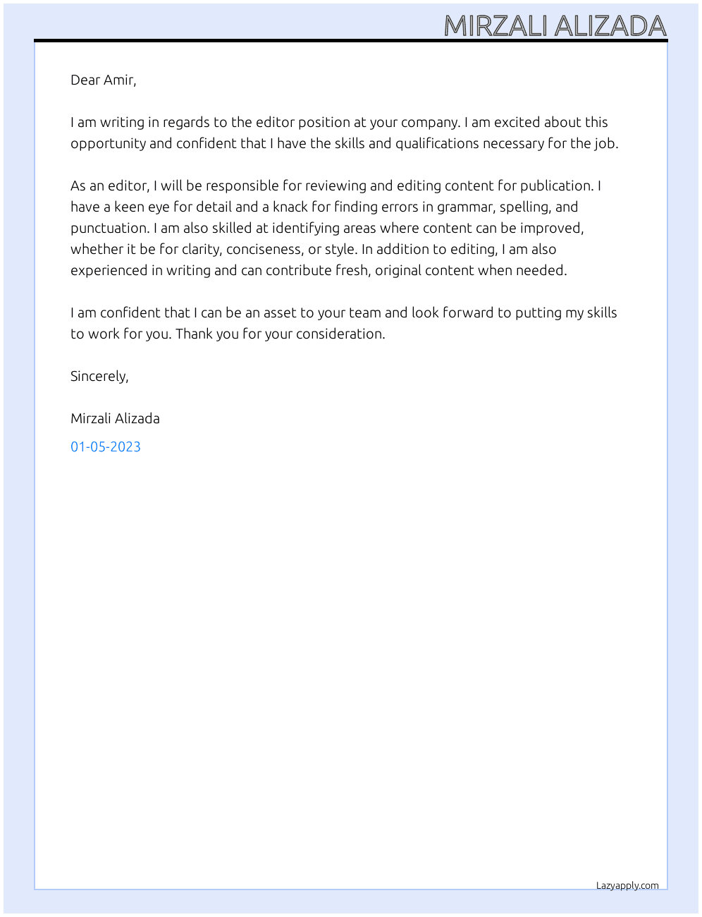 editor At Amir  Cover Letter