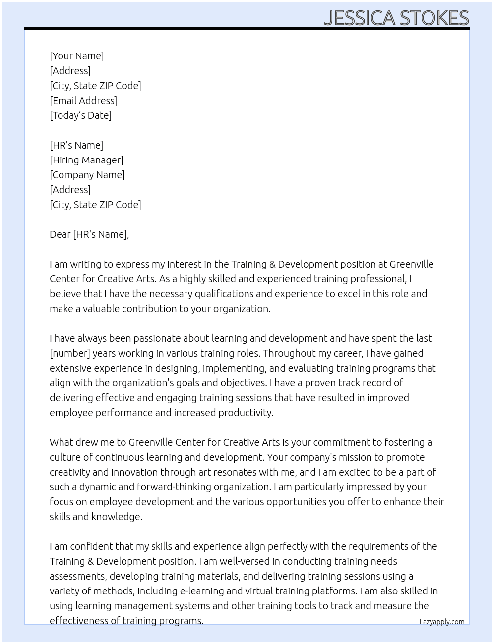 Training & Development At Greenville Center for Creative Arts Cover Letter
