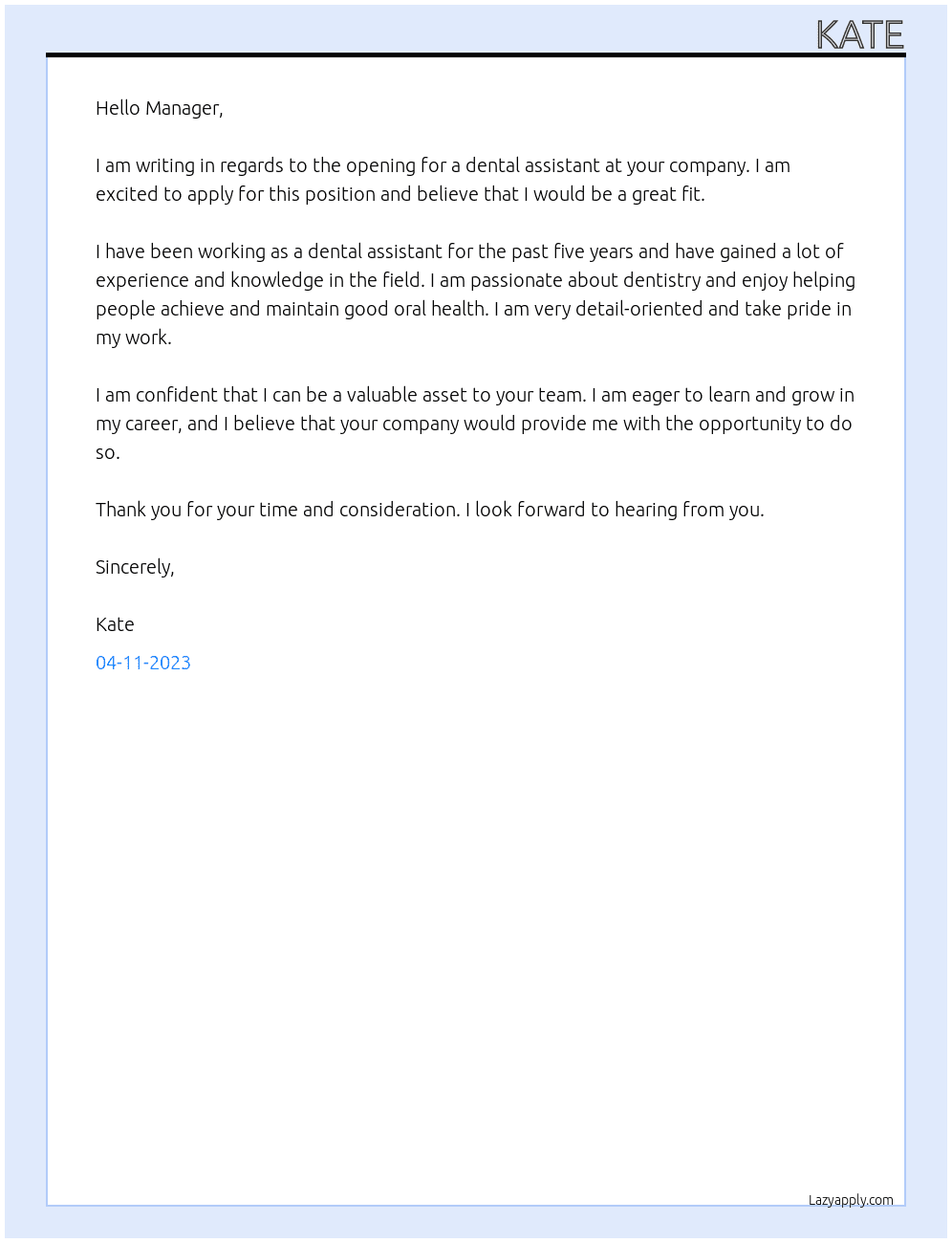 Dental Assistant At Dentist Cover Letter