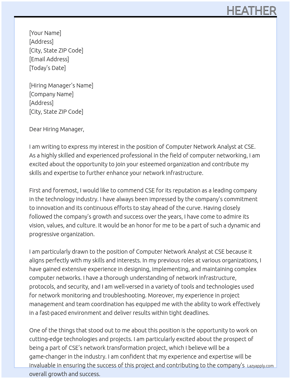 Computer Network Analyst At CSE Cover Letter