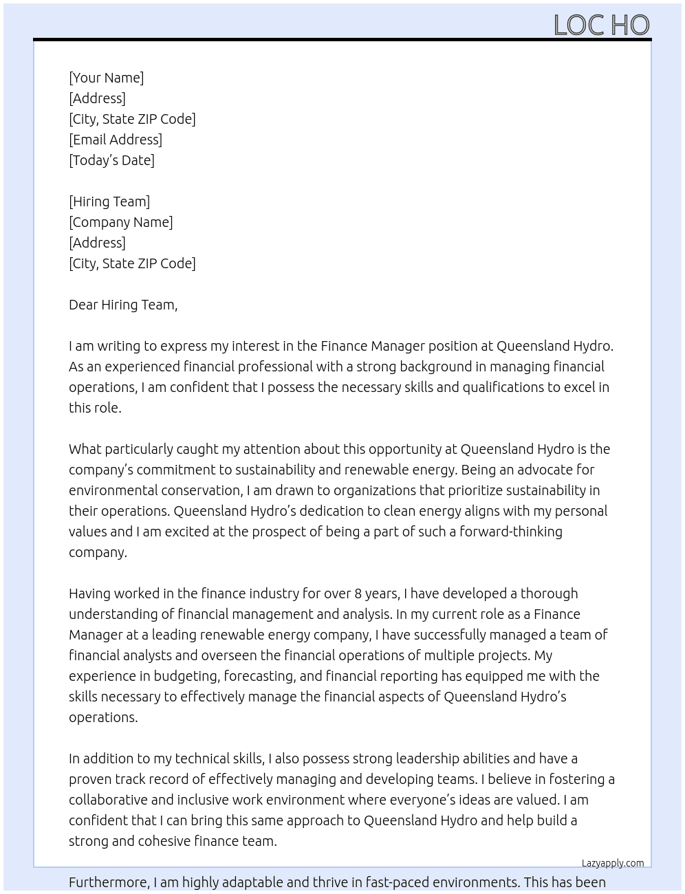 Finance Manager At Queensland Hydro Cover Letter