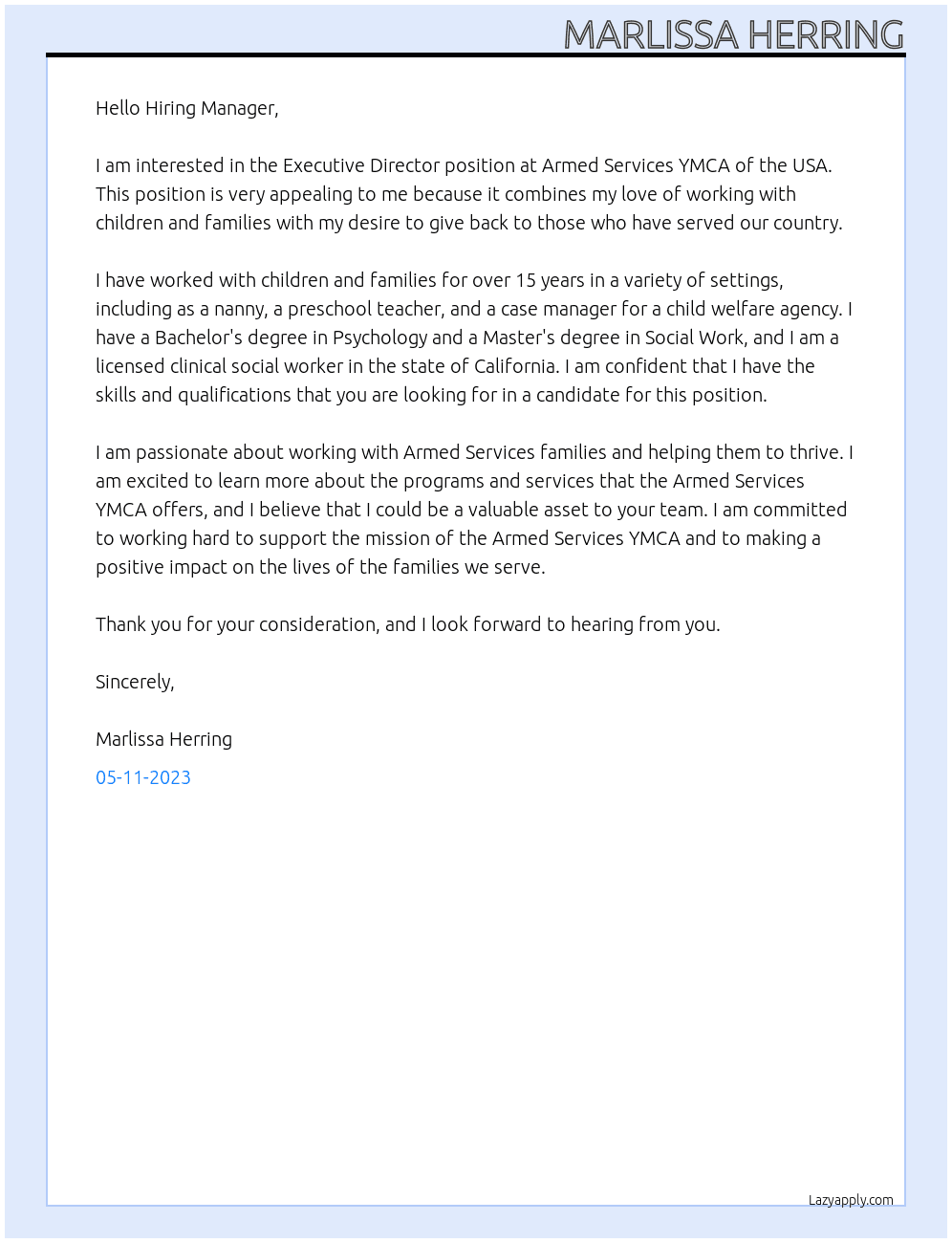 Executive Director At Armed Services YMCA of the USA Cover Letter
