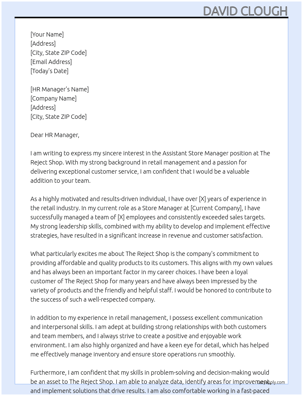 Assistant Store Manager At The Reject Shop Cover Letter